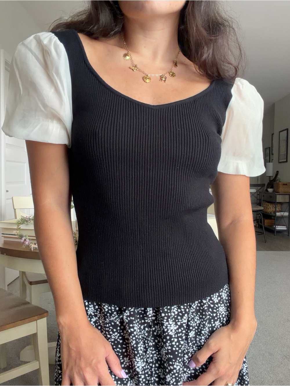 Cider Black Ribbed Knit Crop Top with White Puff Sleeves